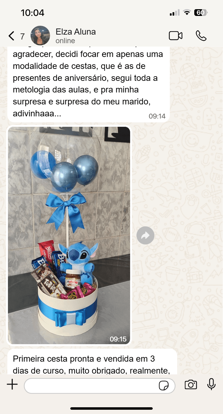 Depoimento real de cliente Elza pelo WhatsApp — cesta entregue