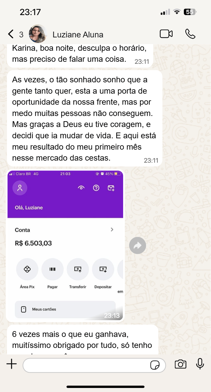Depoimento real de cliente Luziaene pelo WhatsApp — resultado com as cestas