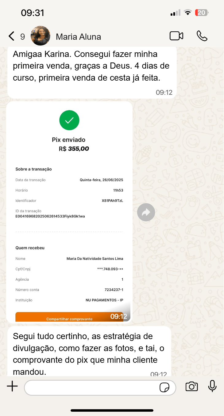 Depoimento real de cliente Maria pelo WhatsApp — recebimento via Pix