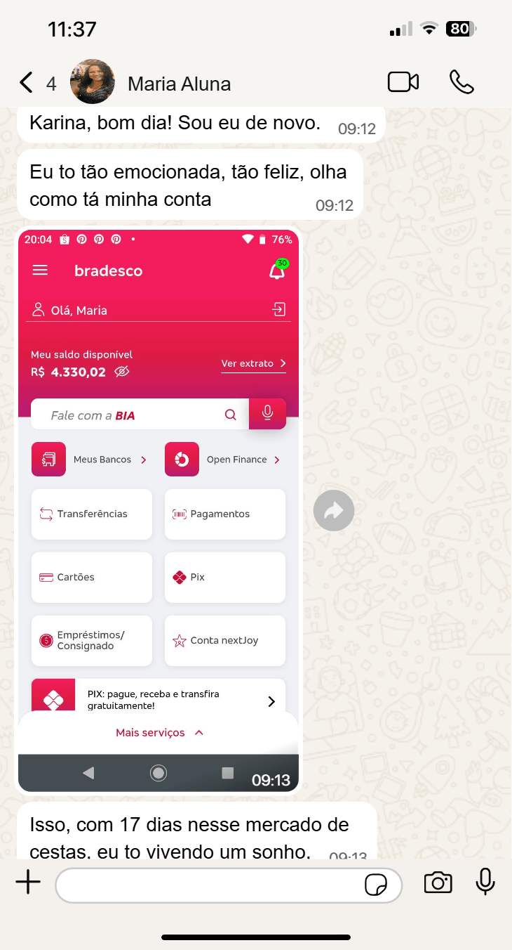 Depoimento real de cliente Maria pelo WhatsApp — resultado com as cestas