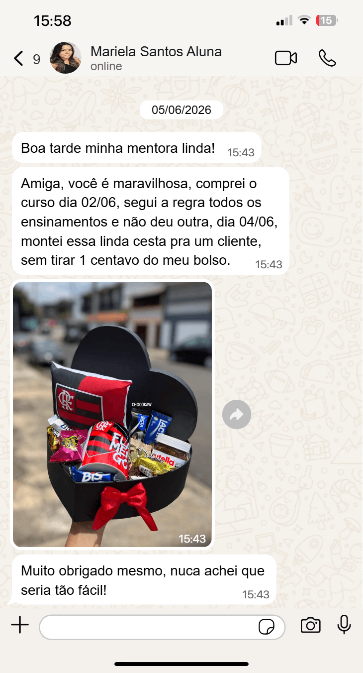 Depoimento real de cliente pelo WhatsApp — cesta montada