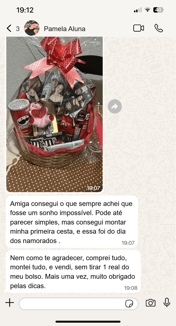 Depoimento real de cliente Pamela pelo WhatsApp — cesta entregue